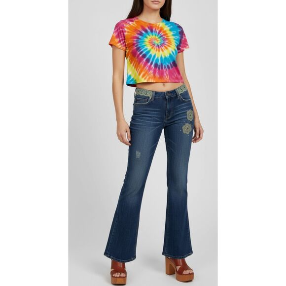 Younique Jeans Women’s Sz 5 Boot Cut Denim Patchwork Distressed Hippie Pants Y2K - Picture 1 of 14